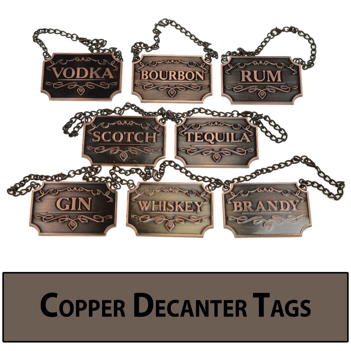 Gorgeous Liquor Decanter Tags Labels Set of 8 Bright Copper w Adjustable Chain 